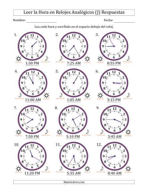 La hoja de ejercicios de Leer la Hora en Relojes Analógicos de 12 Horas en Intervalos de 5 Minuto (12 Relojes) (J) Página 2