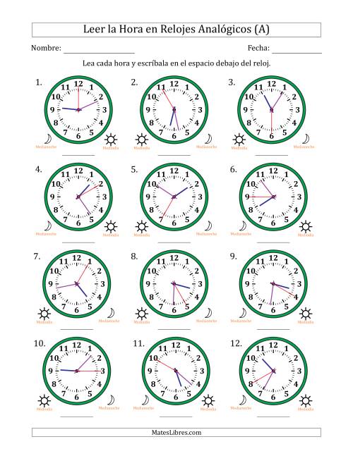 La hoja de ejercicios de Leer la Hora en Relojes Analógicos de 12 Horas en Intervalos de 5 Segundo (12 Relojes) (A)