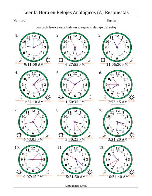 La hoja de ejercicios de Leer la Hora en Relojes Analógicos de 12 Horas en Intervalos de 5 Segundo (12 Relojes) (A) Página 2