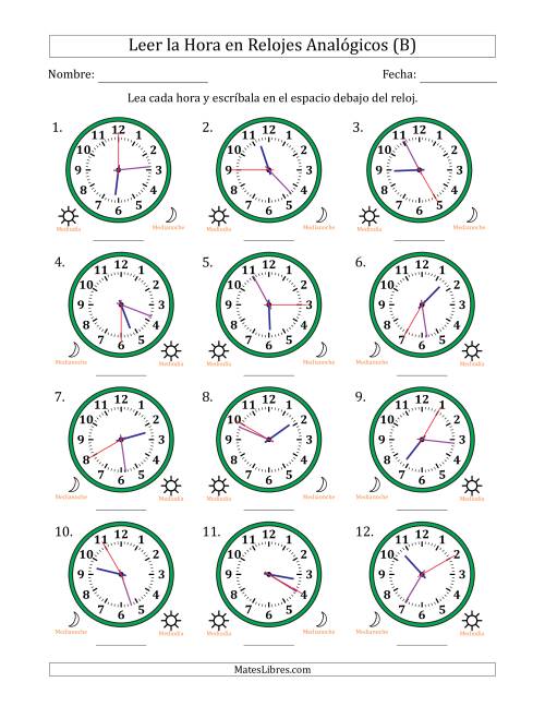 La hoja de ejercicios de Leer la Hora en Relojes Analógicos de 12 Horas en Intervalos de 5 Segundo (12 Relojes) (B)