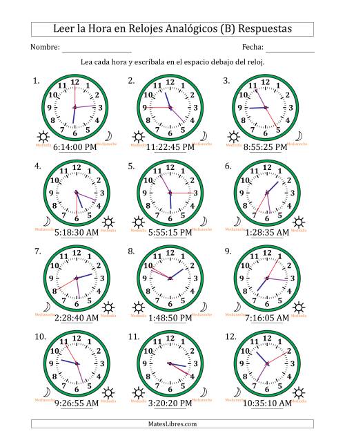 La hoja de ejercicios de Leer la Hora en Relojes Analógicos de 12 Horas en Intervalos de 5 Segundo (12 Relojes) (B) Página 2