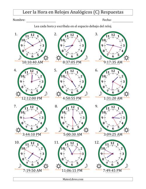 La hoja de ejercicios de Leer la Hora en Relojes Analógicos de 12 Horas en Intervalos de 5 Segundo (12 Relojes) (C) Página 2