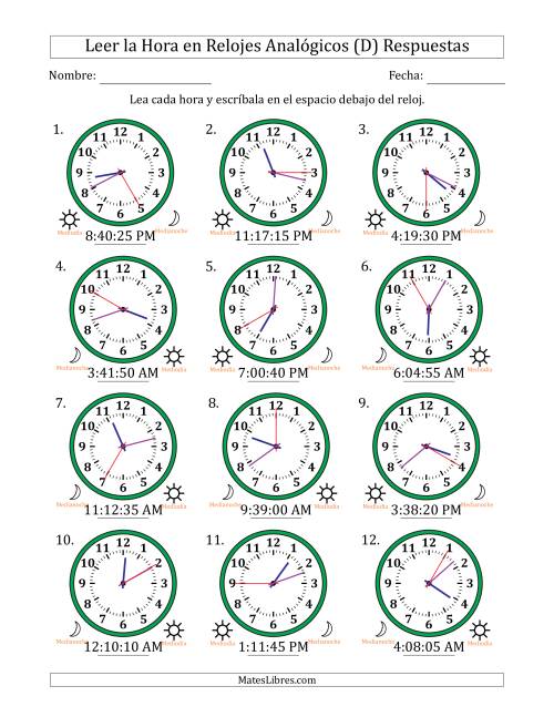 La hoja de ejercicios de Leer la Hora en Relojes Analógicos de 12 Horas en Intervalos de 5 Segundo (12 Relojes) (D) Página 2