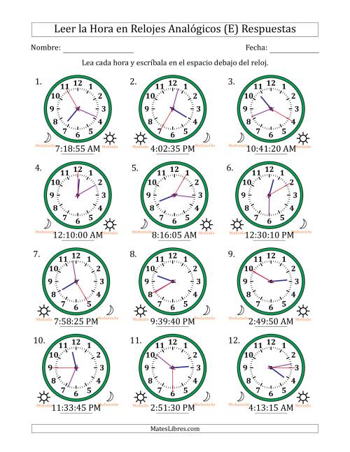 La hoja de ejercicios de Leer la Hora en Relojes Analógicos de 12 Horas en Intervalos de 5 Segundo (12 Relojes) (E) Página 2