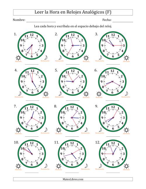 La hoja de ejercicios de Leer la Hora en Relojes Analógicos de 12 Horas en Intervalos de 5 Segundo (12 Relojes) (F)