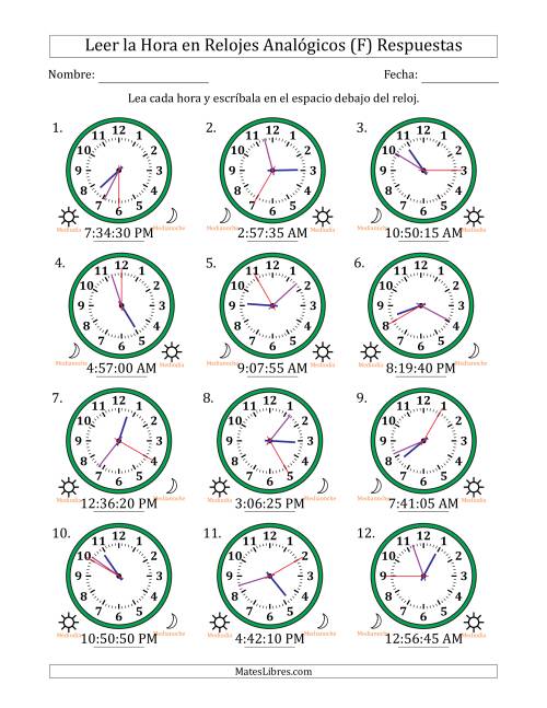 La hoja de ejercicios de Leer la Hora en Relojes Analógicos de 12 Horas en Intervalos de 5 Segundo (12 Relojes) (F) Página 2