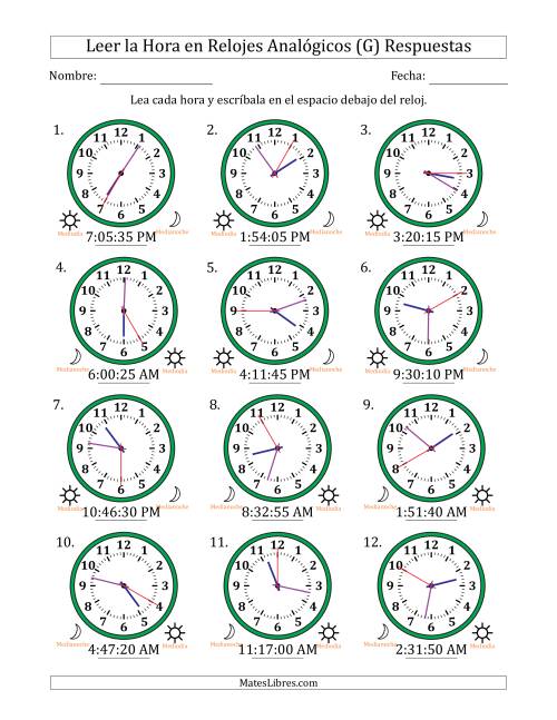 La hoja de ejercicios de Leer la Hora en Relojes Analógicos de 12 Horas en Intervalos de 5 Segundo (12 Relojes) (G) Página 2