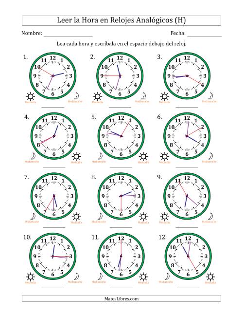 La hoja de ejercicios de Leer la Hora en Relojes Analógicos de 12 Horas en Intervalos de 5 Segundo (12 Relojes) (H)