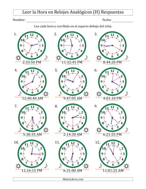 La hoja de ejercicios de Leer la Hora en Relojes Analógicos de 12 Horas en Intervalos de 5 Segundo (12 Relojes) (H) Página 2