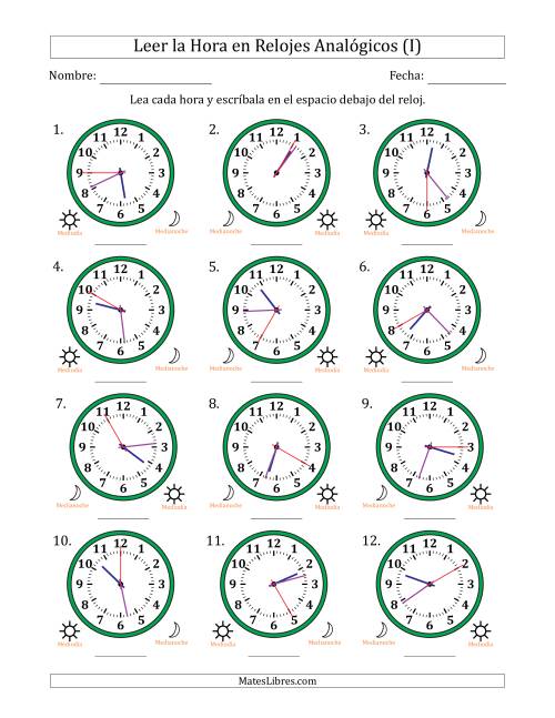 La hoja de ejercicios de Leer la Hora en Relojes Analógicos de 12 Horas en Intervalos de 5 Segundo (12 Relojes) (I)