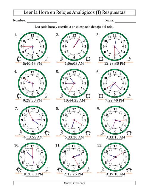La hoja de ejercicios de Leer la Hora en Relojes Analógicos de 12 Horas en Intervalos de 5 Segundo (12 Relojes) (I) Página 2