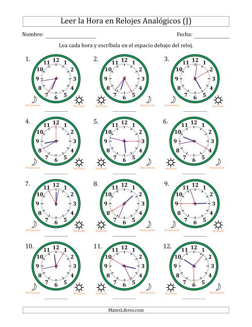 La hoja de ejercicios de Leer la Hora en Relojes Analógicos de 12 Horas en Intervalos de 5 Segundo (12 Relojes) (J)