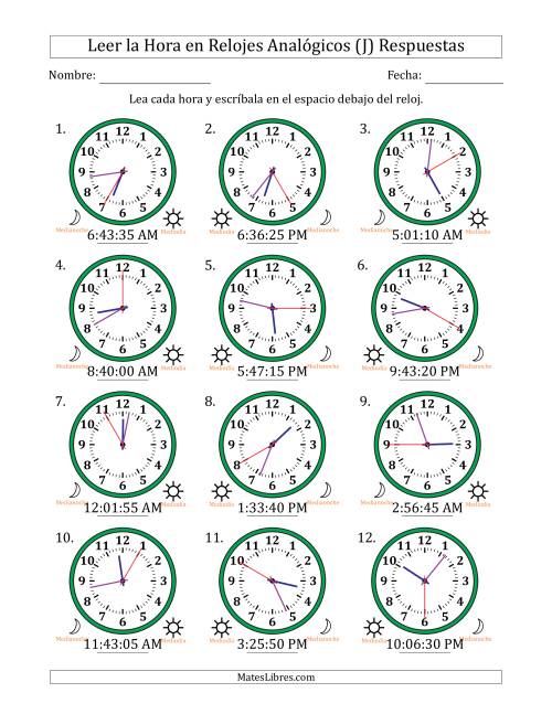 La hoja de ejercicios de Leer la Hora en Relojes Analógicos de 12 Horas en Intervalos de 5 Segundo (12 Relojes) (J) Página 2