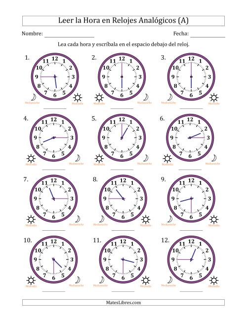 La hoja de ejercicios de Leer la Hora en Relojes Analógicos de 12 Horas en Intervalos de 15 Minuto (12 Relojes) (A)