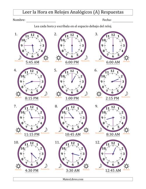 La hoja de ejercicios de Leer la Hora en Relojes Analógicos de 12 Horas en Intervalos de 15 Minuto (12 Relojes) (A) Página 2
