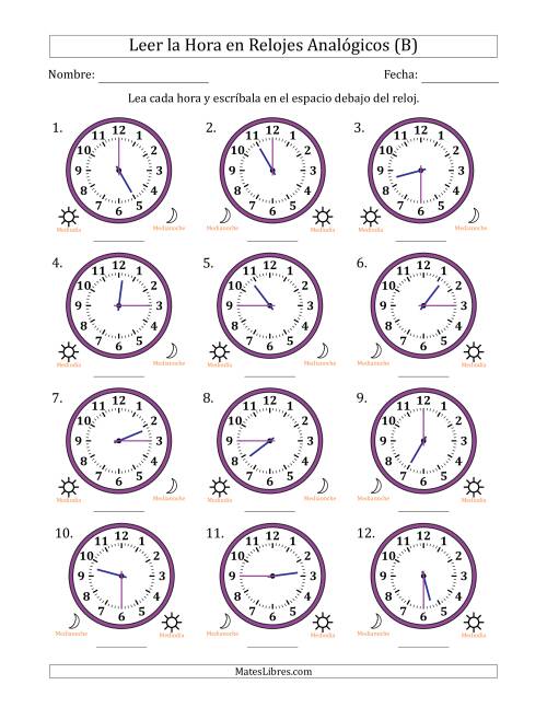 La hoja de ejercicios de Leer la Hora en Relojes Analógicos de 12 Horas en Intervalos de 15 Minuto (12 Relojes) (B)