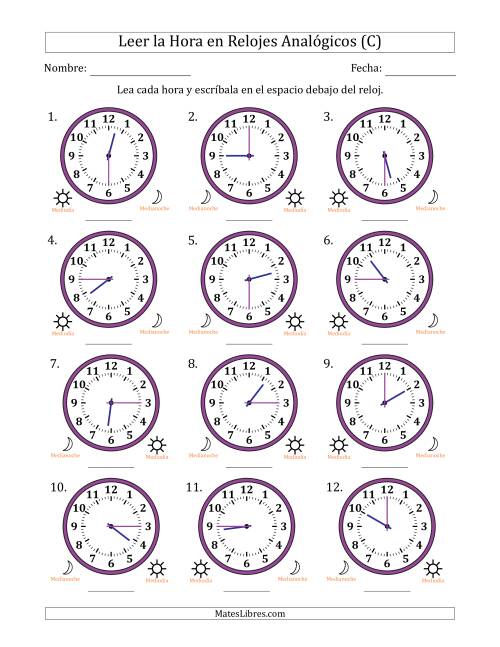 La hoja de ejercicios de Leer la Hora en Relojes Analógicos de 12 Horas en Intervalos de 15 Minuto (12 Relojes) (C)