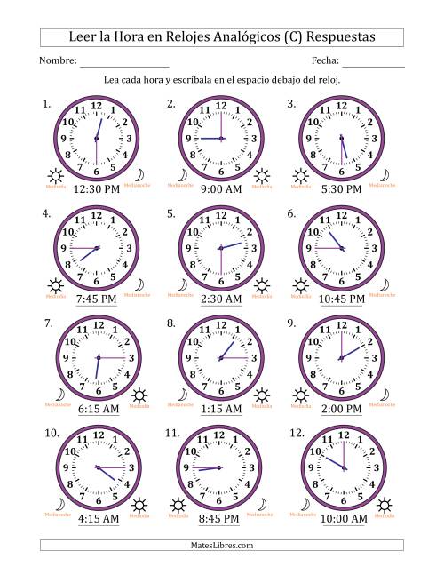 La hoja de ejercicios de Leer la Hora en Relojes Analógicos de 12 Horas en Intervalos de 15 Minuto (12 Relojes) (C) Página 2