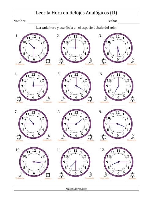 La hoja de ejercicios de Leer la Hora en Relojes Analógicos de 12 Horas en Intervalos de 15 Minuto (12 Relojes) (D)