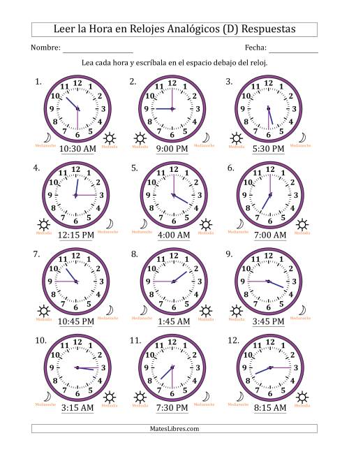 La hoja de ejercicios de Leer la Hora en Relojes Analógicos de 12 Horas en Intervalos de 15 Minuto (12 Relojes) (D) Página 2