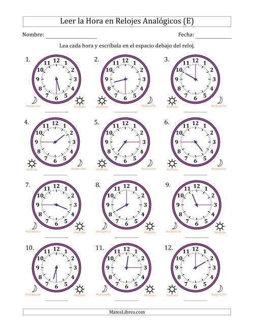 La hoja de ejercicios de Leer la Hora en Relojes Analógicos de 12 Horas en Intervalos de 15 Minuto (12 Relojes) (E)