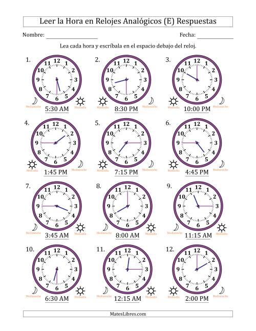 La hoja de ejercicios de Leer la Hora en Relojes Analógicos de 12 Horas en Intervalos de 15 Minuto (12 Relojes) (E) Página 2