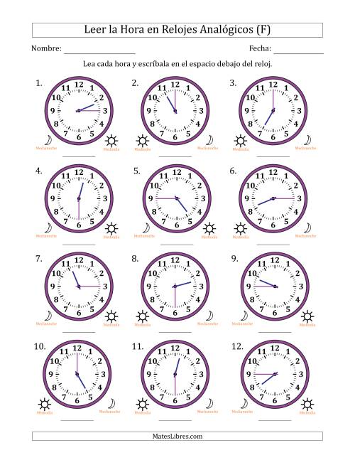 La hoja de ejercicios de Leer la Hora en Relojes Analógicos de 12 Horas en Intervalos de 15 Minuto (12 Relojes) (F)
