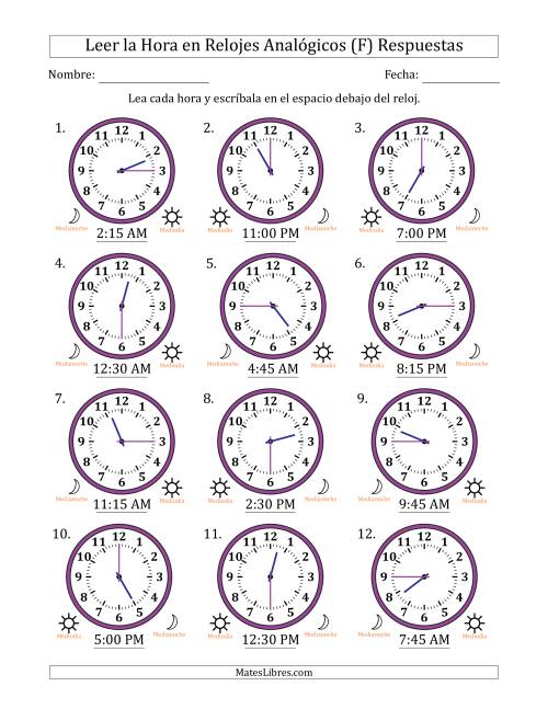 La hoja de ejercicios de Leer la Hora en Relojes Analógicos de 12 Horas en Intervalos de 15 Minuto (12 Relojes) (F) Página 2