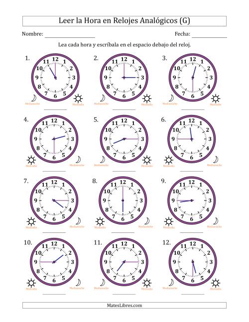 La hoja de ejercicios de Leer la Hora en Relojes Analógicos de 12 Horas en Intervalos de 15 Minuto (12 Relojes) (G)