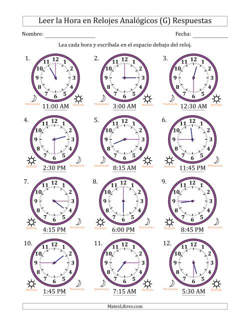 La hoja de ejercicios de Leer la Hora en Relojes Analógicos de 12 Horas en Intervalos de 15 Minuto (12 Relojes) (G) Página 2