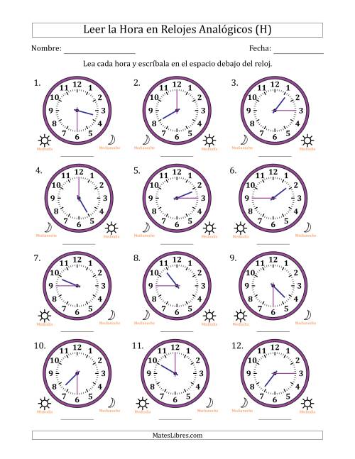 La hoja de ejercicios de Leer la Hora en Relojes Analógicos de 12 Horas en Intervalos de 15 Minuto (12 Relojes) (H)