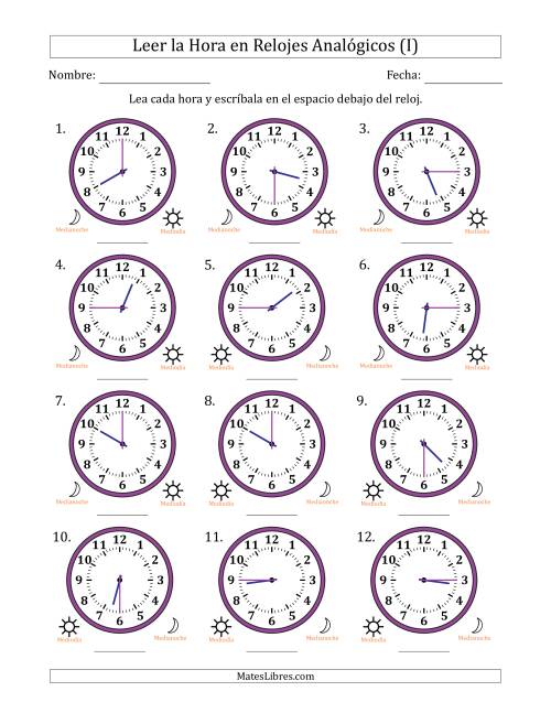 La hoja de ejercicios de Leer la Hora en Relojes Analógicos de 12 Horas en Intervalos de 15 Minuto (12 Relojes) (I)