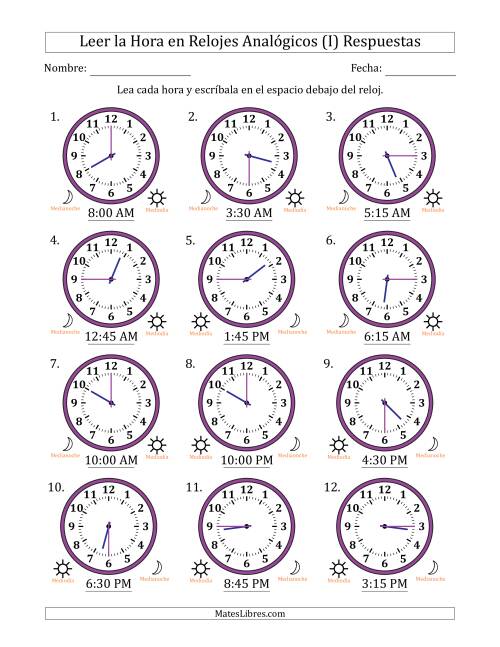 La hoja de ejercicios de Leer la Hora en Relojes Analógicos de 12 Horas en Intervalos de 15 Minuto (12 Relojes) (I) Página 2