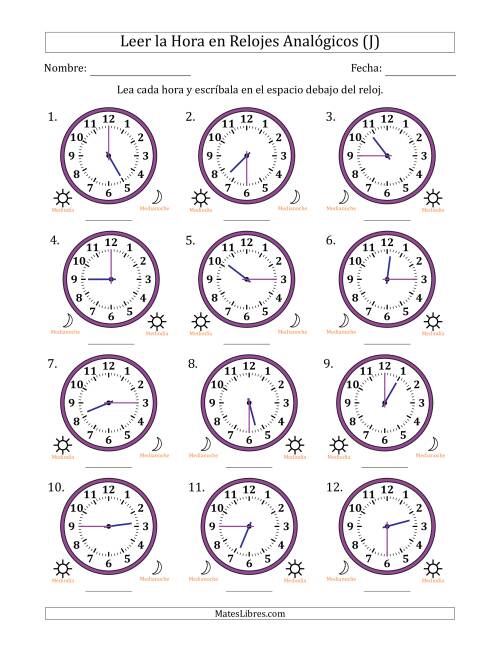 La hoja de ejercicios de Leer la Hora en Relojes Analógicos de 12 Horas en Intervalos de 15 Minuto (12 Relojes) (J)