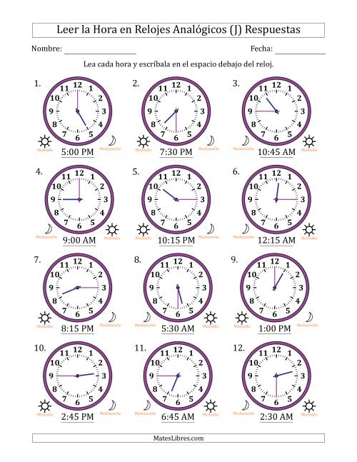 La hoja de ejercicios de Leer la Hora en Relojes Analógicos de 12 Horas en Intervalos de 15 Minuto (12 Relojes) (J) Página 2