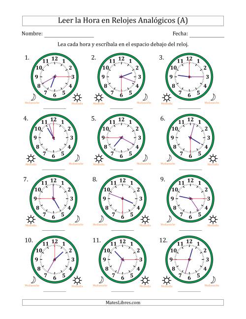 La hoja de ejercicios de Leer la Hora en Relojes Analógicos de 12 Horas en Intervalos de 15 Segundo (12 Relojes) (A)