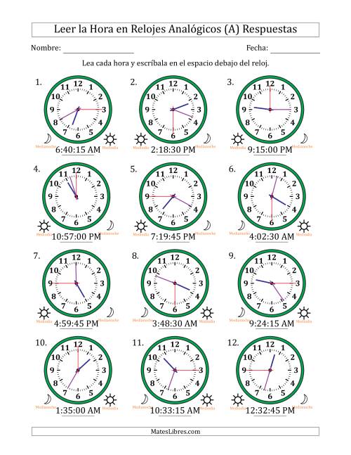 La hoja de ejercicios de Leer la Hora en Relojes Analógicos de 12 Horas en Intervalos de 15 Segundo (12 Relojes) (A) Página 2