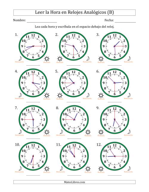 La hoja de ejercicios de Leer la Hora en Relojes Analógicos de 12 Horas en Intervalos de 15 Segundo (12 Relojes) (B)