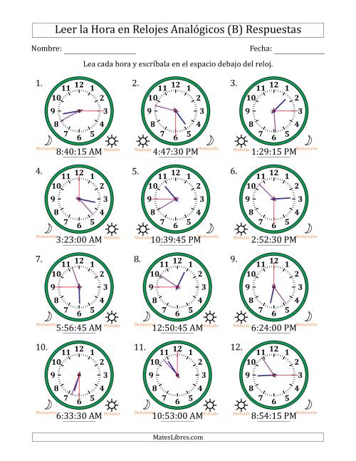 La hoja de ejercicios de Leer la Hora en Relojes Analógicos de 12 Horas en Intervalos de 15 Segundo (12 Relojes) (B) Página 2