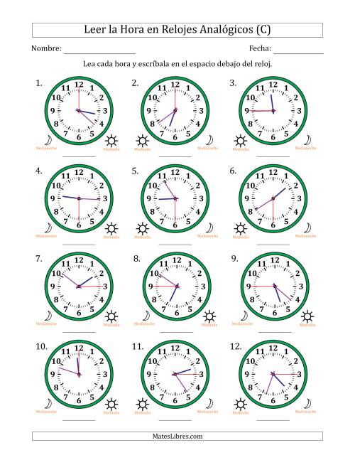 La hoja de ejercicios de Leer la Hora en Relojes Analógicos de 12 Horas en Intervalos de 15 Segundo (12 Relojes) (C)