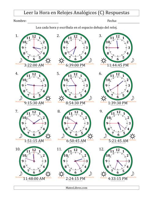La hoja de ejercicios de Leer la Hora en Relojes Analógicos de 12 Horas en Intervalos de 15 Segundo (12 Relojes) (C) Página 2