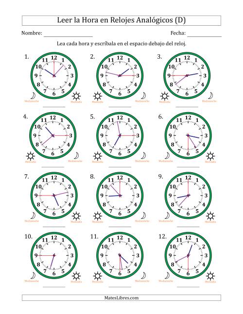 La hoja de ejercicios de Leer la Hora en Relojes Analógicos de 12 Horas en Intervalos de 15 Segundo (12 Relojes) (D)