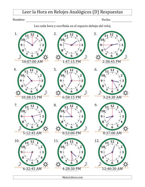 La hoja de ejercicios de Leer la Hora en Relojes Analógicos de 12 Horas en Intervalos de 15 Segundo (12 Relojes) (D) Página 2