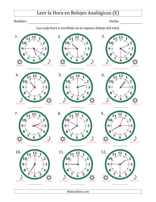 La hoja de ejercicios de Leer la Hora en Relojes Analógicos de 12 Horas en Intervalos de 15 Segundo (12 Relojes) (E)