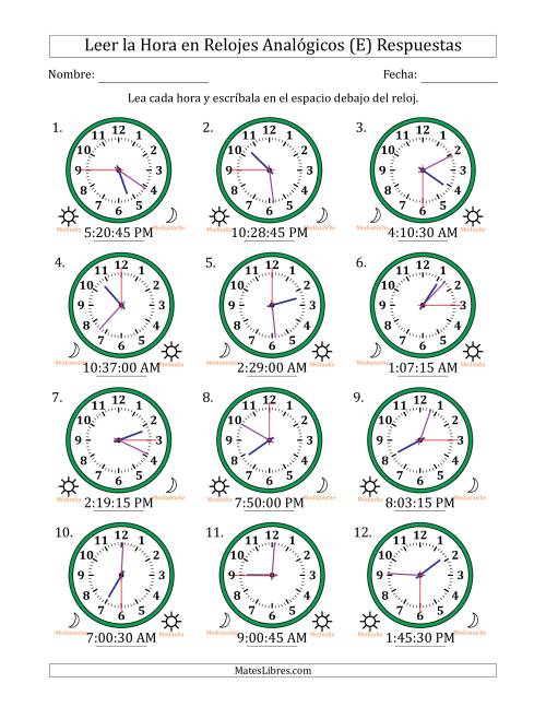 La hoja de ejercicios de Leer la Hora en Relojes Analógicos de 12 Horas en Intervalos de 15 Segundo (12 Relojes) (E) Página 2