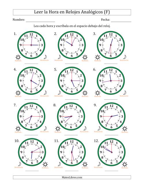 La hoja de ejercicios de Leer la Hora en Relojes Analógicos de 12 Horas en Intervalos de 15 Segundo (12 Relojes) (F)