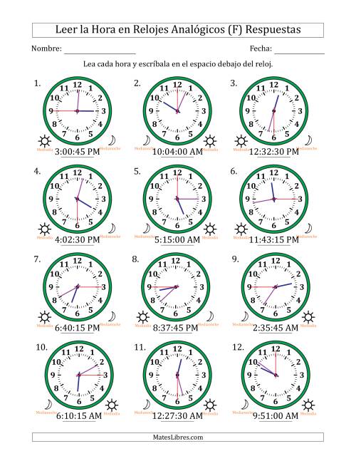 La hoja de ejercicios de Leer la Hora en Relojes Analógicos de 12 Horas en Intervalos de 15 Segundo (12 Relojes) (F) Página 2