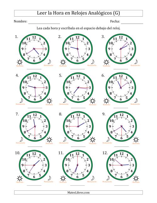 La hoja de ejercicios de Leer la Hora en Relojes Analógicos de 12 Horas en Intervalos de 15 Segundo (12 Relojes) (G)