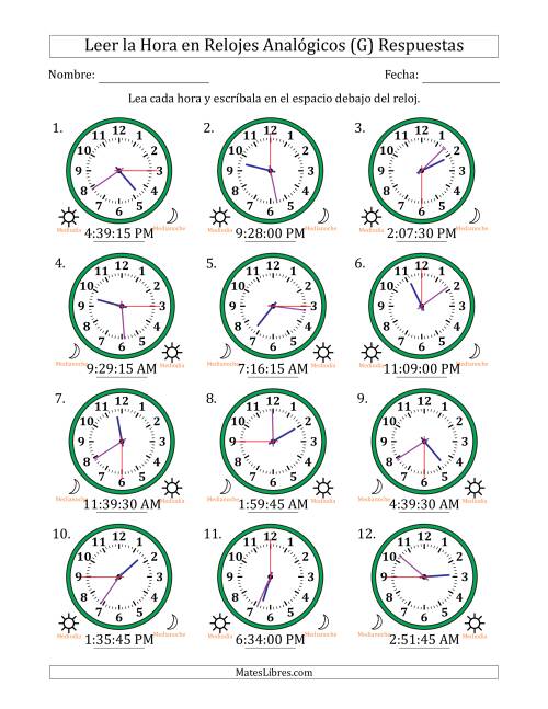 La hoja de ejercicios de Leer la Hora en Relojes Analógicos de 12 Horas en Intervalos de 15 Segundo (12 Relojes) (G) Página 2