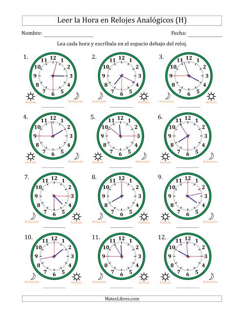 La hoja de ejercicios de Leer la Hora en Relojes Analógicos de 12 Horas en Intervalos de 15 Segundo (12 Relojes) (H)